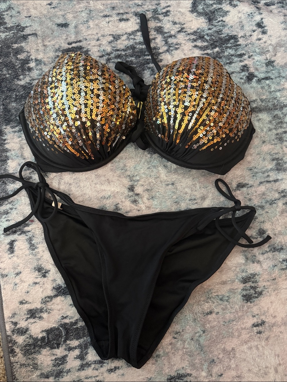 Victoria's Secret Black Bikini with Gold Sequin Top